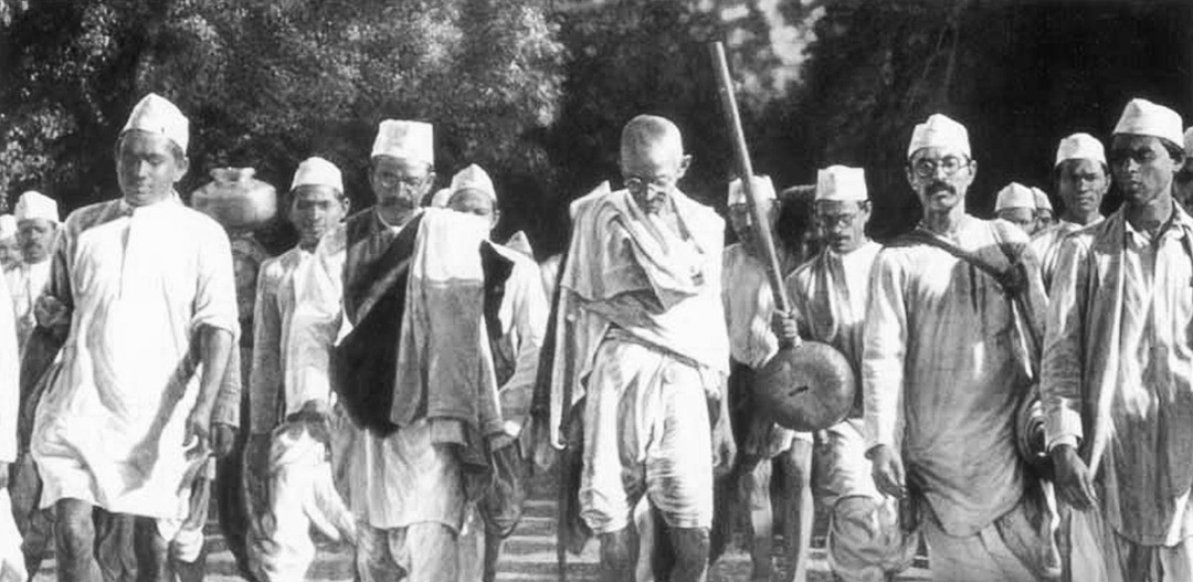 Historical photo of Mahatma Gandhi leading the Dandi Satyagraha salt march Historical photo of Mahatma Gandhi leading the Dandi Satyagraha salt march