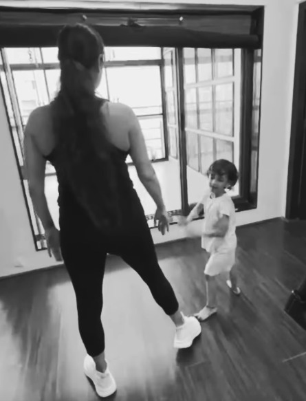 Dia Mirza and son Avyaan working out together in gym Dia Mirza and son Avyaan working out together in gym