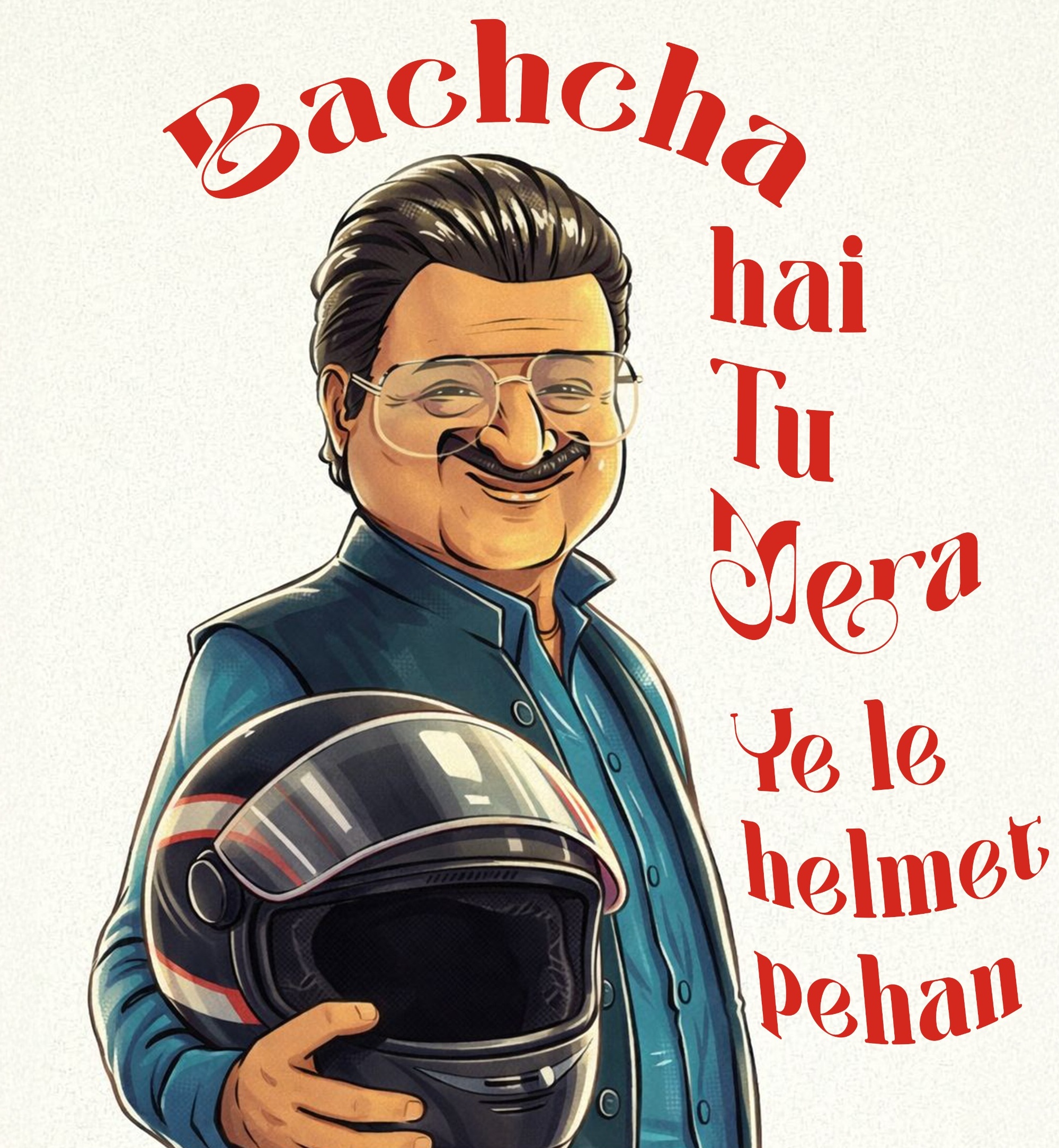 Cartoon poster of Jameel Jamali holding helmet for Delhi Police road safety Cartoon poster of Jameel Jamali holding helmet for Delhi Police road safety