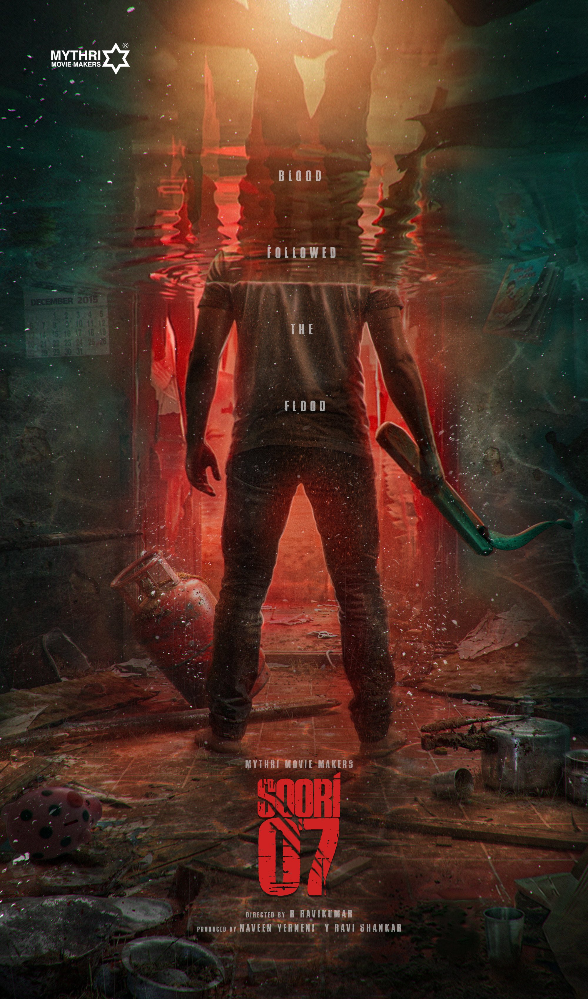 Soori R Ravikumar film first look poster showing protagonist in floodwater Soori R Ravikumar film first look poster showing protagonist in floodwater