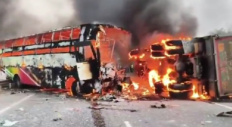 Andhra Pradesh bus accident site showing damaged vehicles after collision Andhra Pradesh bus accident site showing damaged vehicles after collision
