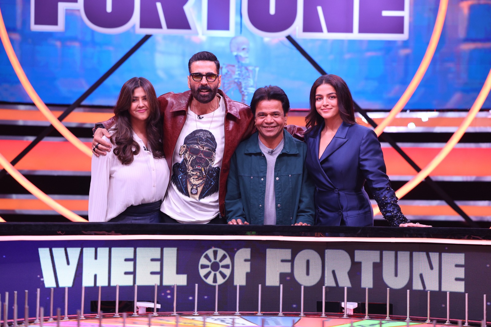 Ektaa Kapoor and Akshay Kumar on Wheel of Fortune set Ektaa Kapoor and Akshay Kumar on Wheel of Fortune set