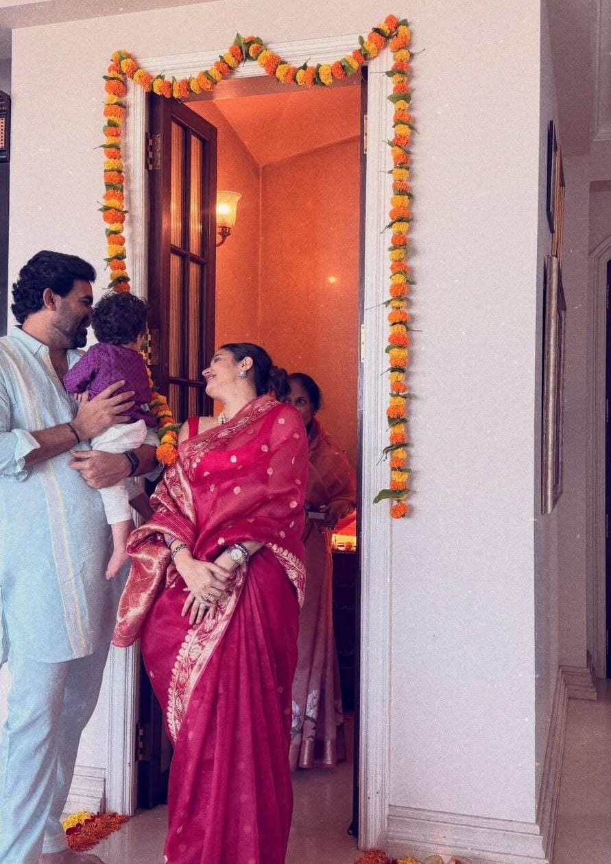 Sagarika Ghatge Zaheer Khan son Fateh Gudi Padwa celebration entrance decorated with marigolds Sagarika Ghatge Zaheer Khan son Fateh Gudi Padwa celebration entrance decorated with marigolds
