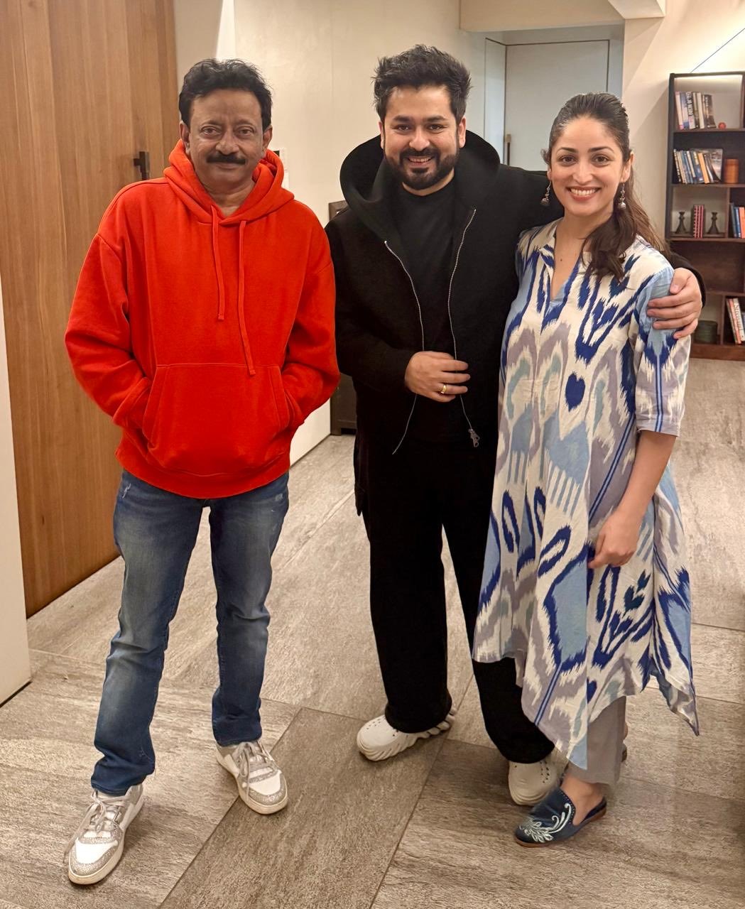 Ram Gopal Varma with Dhurandhar couple Aditya Dhar and Yami Gautam Ram Gopal Varma with Dhurandhar couple Aditya Dhar and Yami Gautam