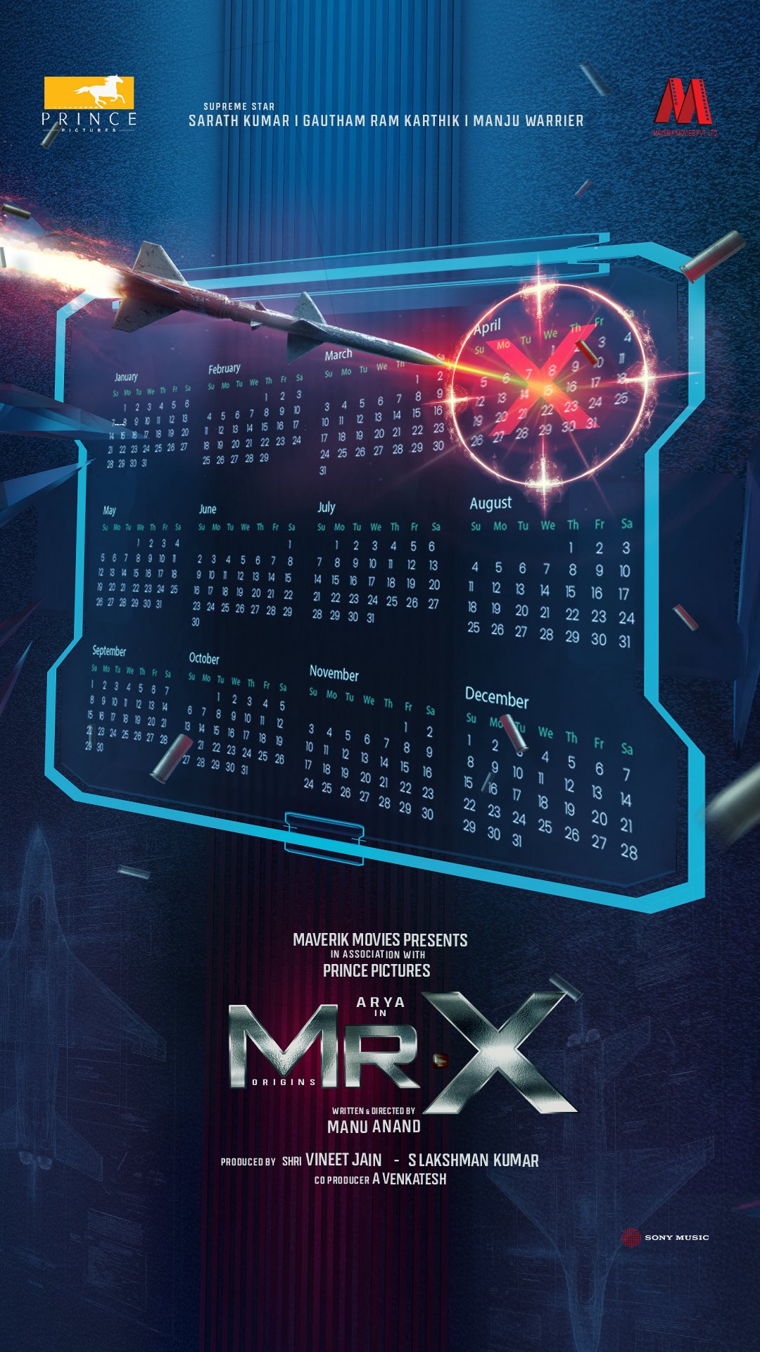 Mr X film poster featuring Arya Gautham Karthik Manju Warrier Mr X film poster featuring Arya Gautham Karthik Manju Warrier