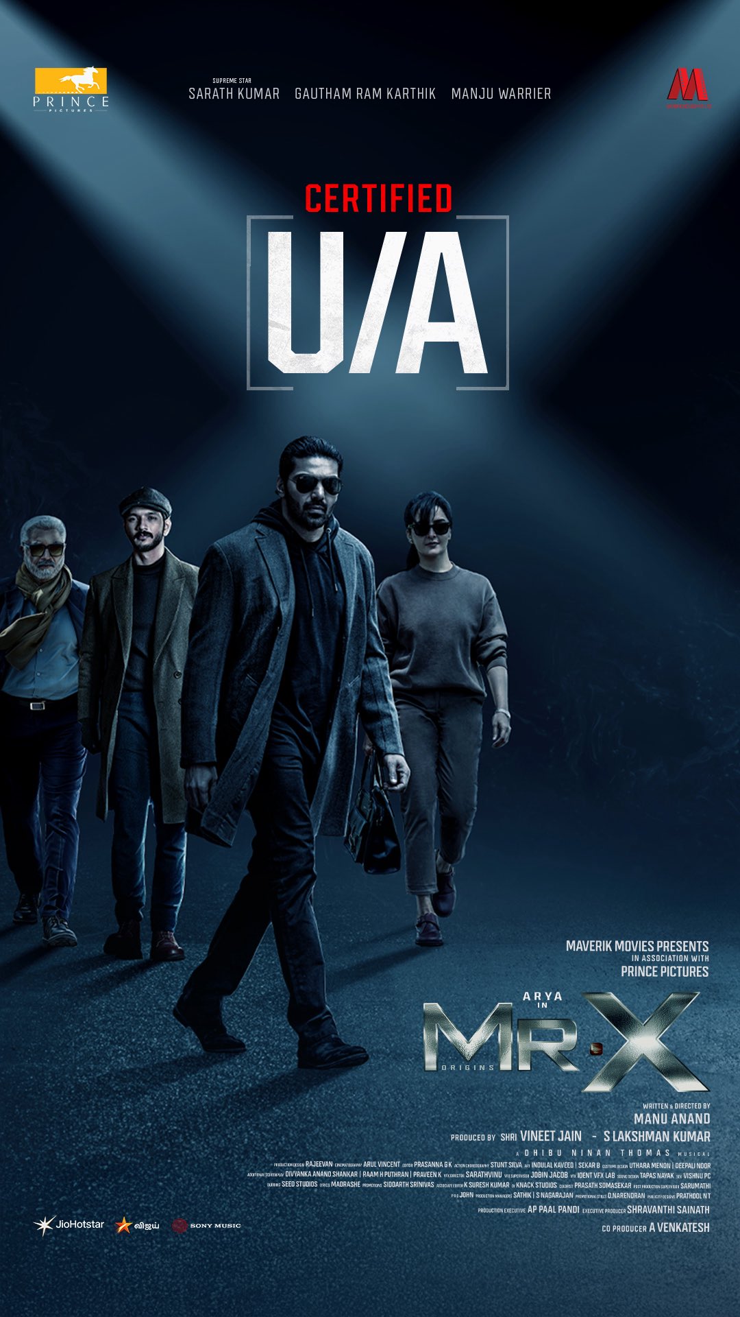 Mr X movie poster featuring Arya Gautham Karthik Manju Warrier Mr X movie poster featuring Arya Gautham Karthik Manju Warrier