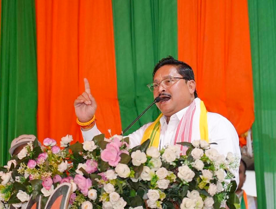 BJP leader Dilip Saikia addressing a public rally in Assam about Congress policies BJP leader Dilip Saikia addressing a public rally in Assam about Congress policies