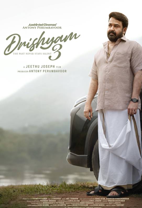 Drishyam 3 movie poster with Mohanlal and Amazon digital rights announcement Drishyam 3 movie poster with Mohanlal and Amazon digital rights announcement