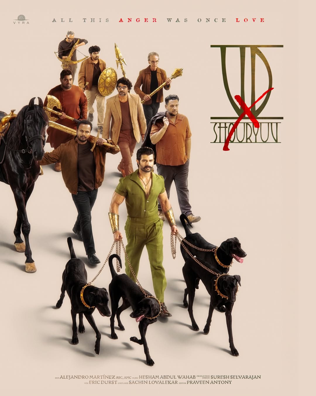 Vijay Deverakonda walking dogs with film crew behind him in VDXShouryuv poster Vijay Deverakonda walking dogs with film crew behind him in VDXShouryuv poster
