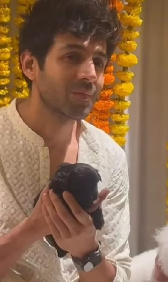 Kartik Aaryan holding his pet during National Pet Day celebration Kartik Aaryan holding his pet during National Pet Day celebration
