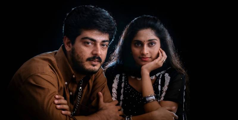 Ajith Kumar and Shalini in Amarkalam film poster for re-release Ajith Kumar and Shalini in Amarkalam film poster for re-release