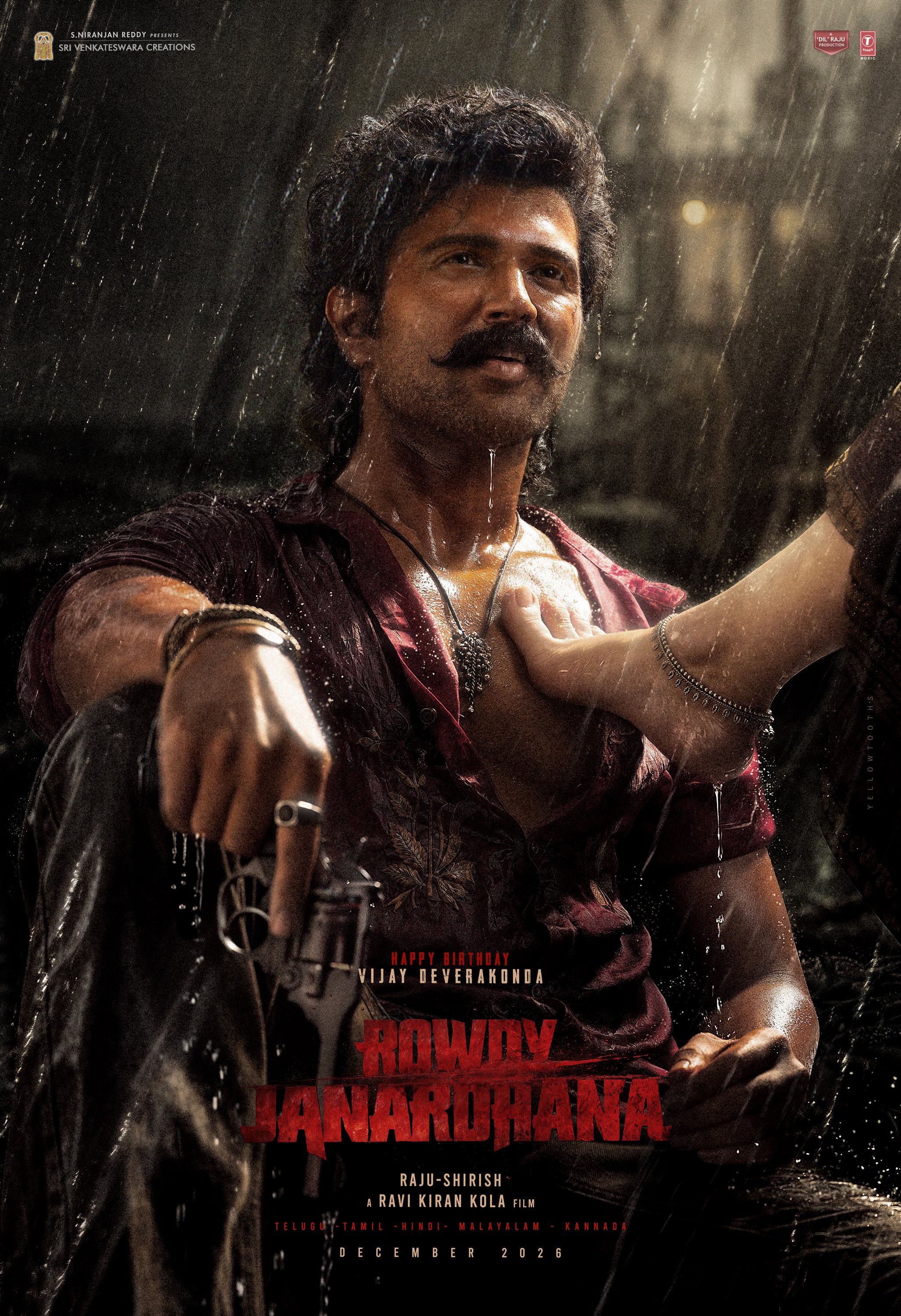 Rowdy Janardhana poster Vijay Deverakonda in rain with revolver Rowdy Janardhana poster Vijay Deverakonda in rain with revolver