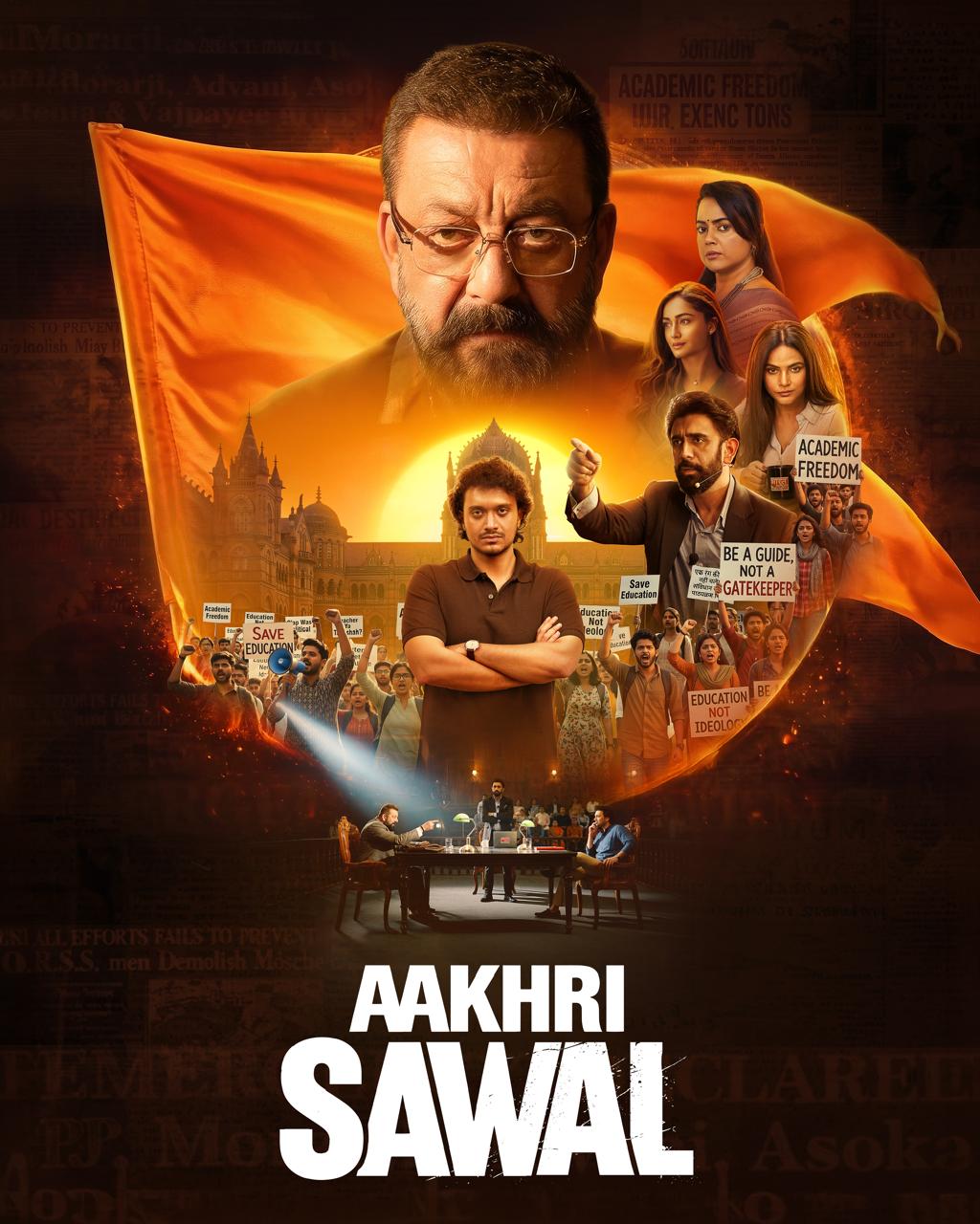 Aakhri Sawal movie poster with bold title and dramatic political imagery Aakhri Sawal movie poster with bold title and dramatic political imagery