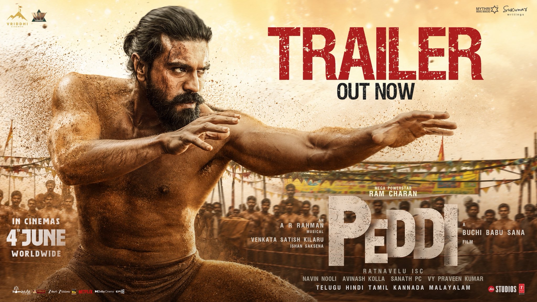 Ram Charan in Peddi trailer intense sports action pose Ram Charan in Peddi trailer intense sports action pose