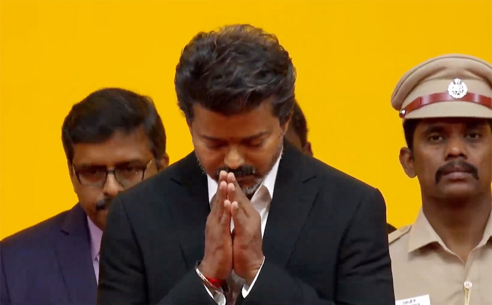 Vijay delivering first address as Tamil Nadu CM at Jawaharlal Nehru Indoor Stadium Vijay delivering first address as Tamil Nadu CM at Jawaharlal Nehru Indoor Stadium