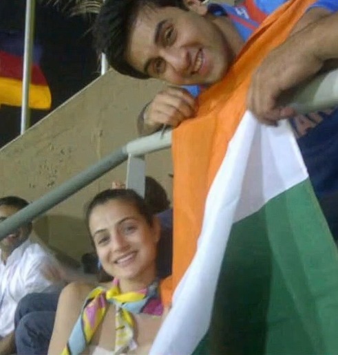Ameesha Patel and Ranbir Kapoor holding Indian flag at 2011 World Cup final Ameesha Patel and Ranbir Kapoor holding Indian flag at 2011 World Cup final