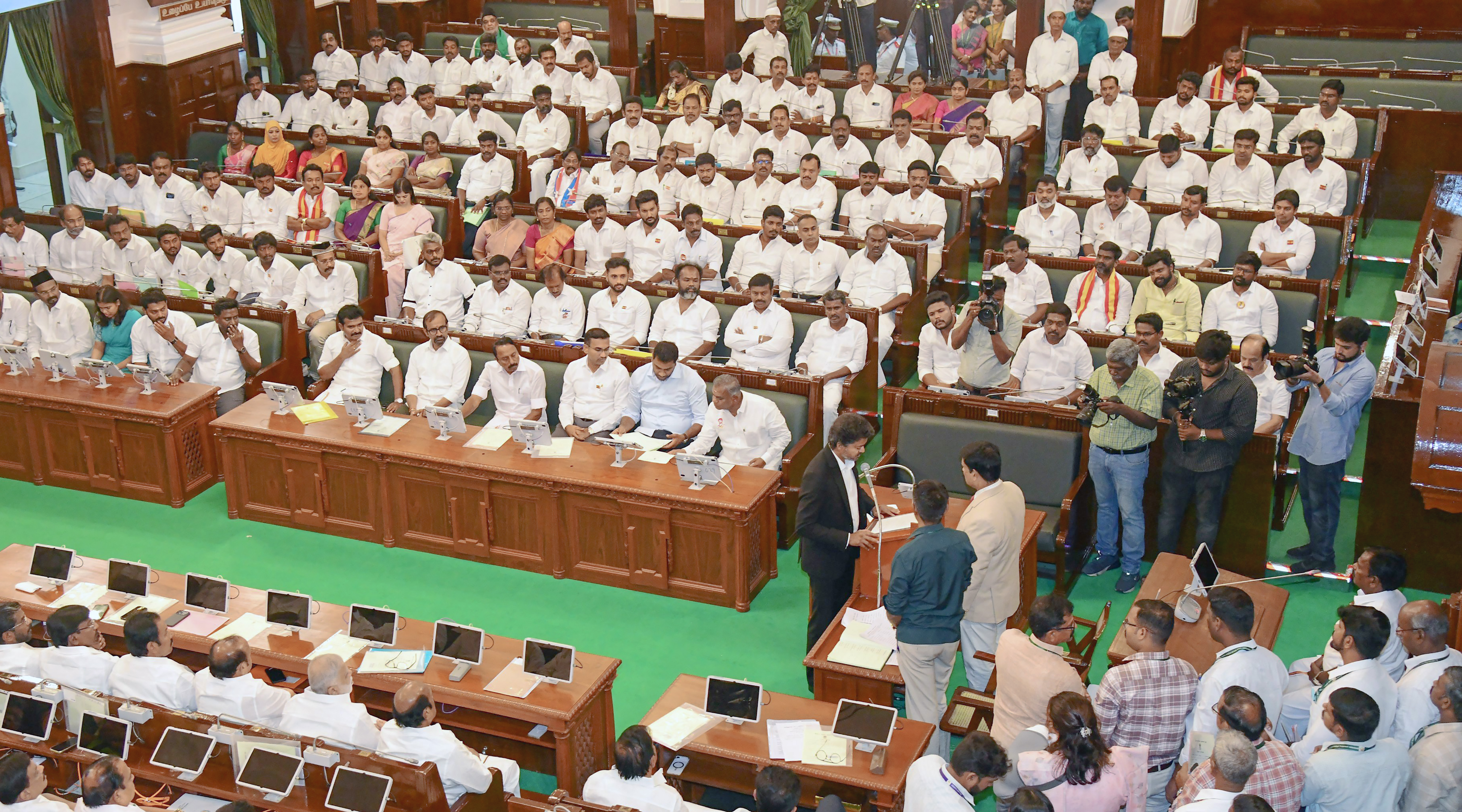 Assembly Speaker election coverage showing TVK candidate J.C.D. Prabhakar Assembly Speaker election coverage showing TVK candidate J.C.D. Prabhakar