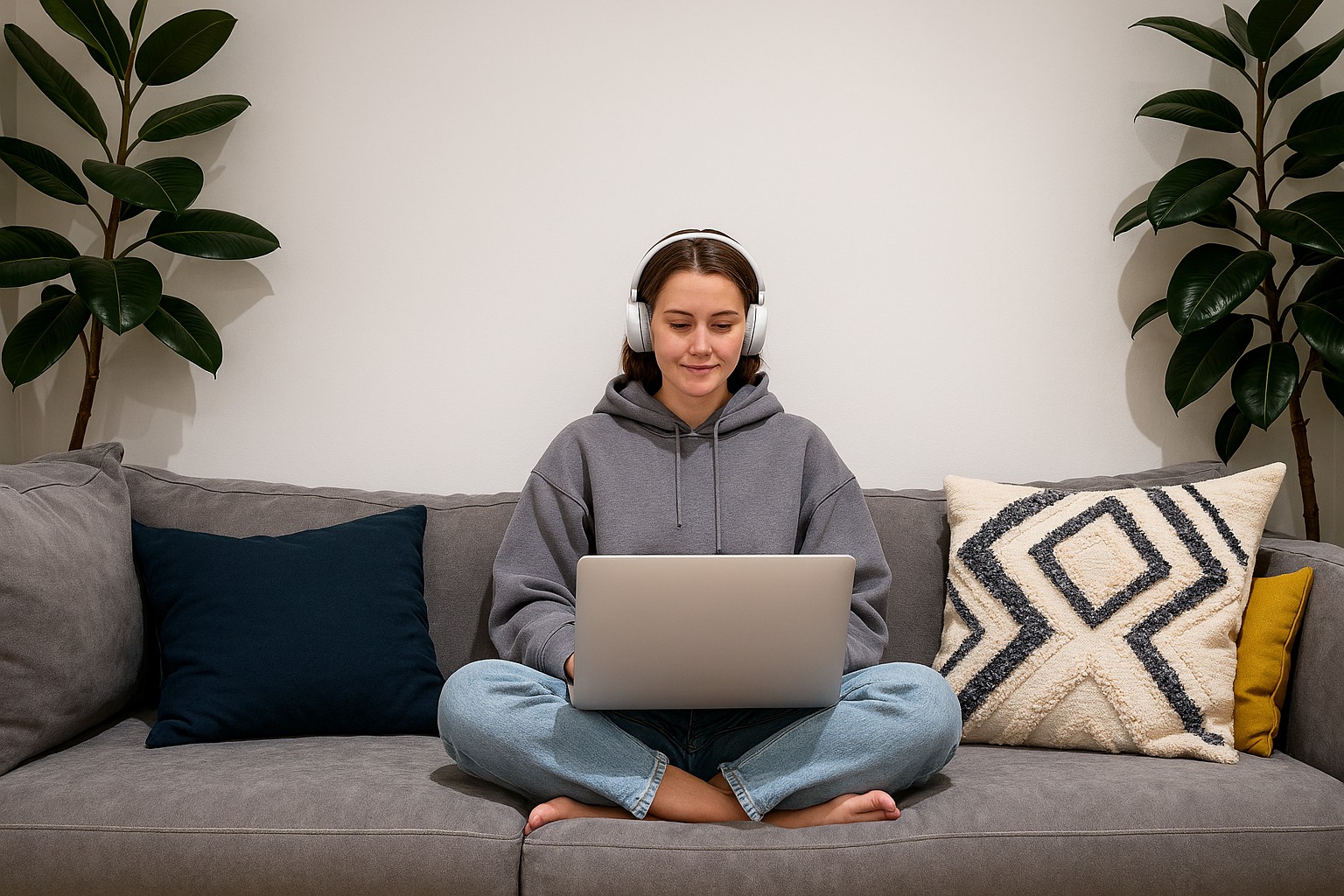 IT employees working from home with laptop and headphones IT employees working from home with laptop and headphones