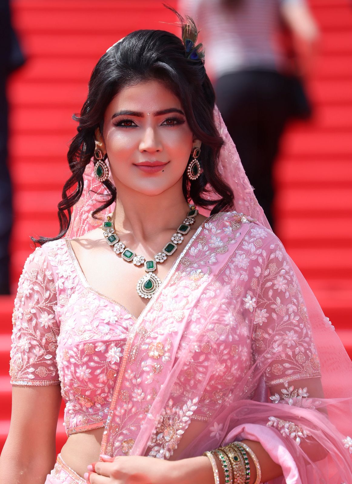 Soniya Bansal in Radha Rani inspired pastel pink lehenga-saree at Cannes film festival Soniya Bansal in Radha Rani inspired pastel pink lehenga-saree at Cannes film festival