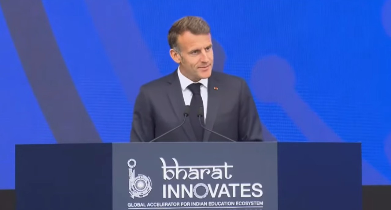 French President Macron congratulating PM Modi at Bharat Innovates 2026 event French President Macron congratulating PM Modi at Bharat Innovates 2026 event