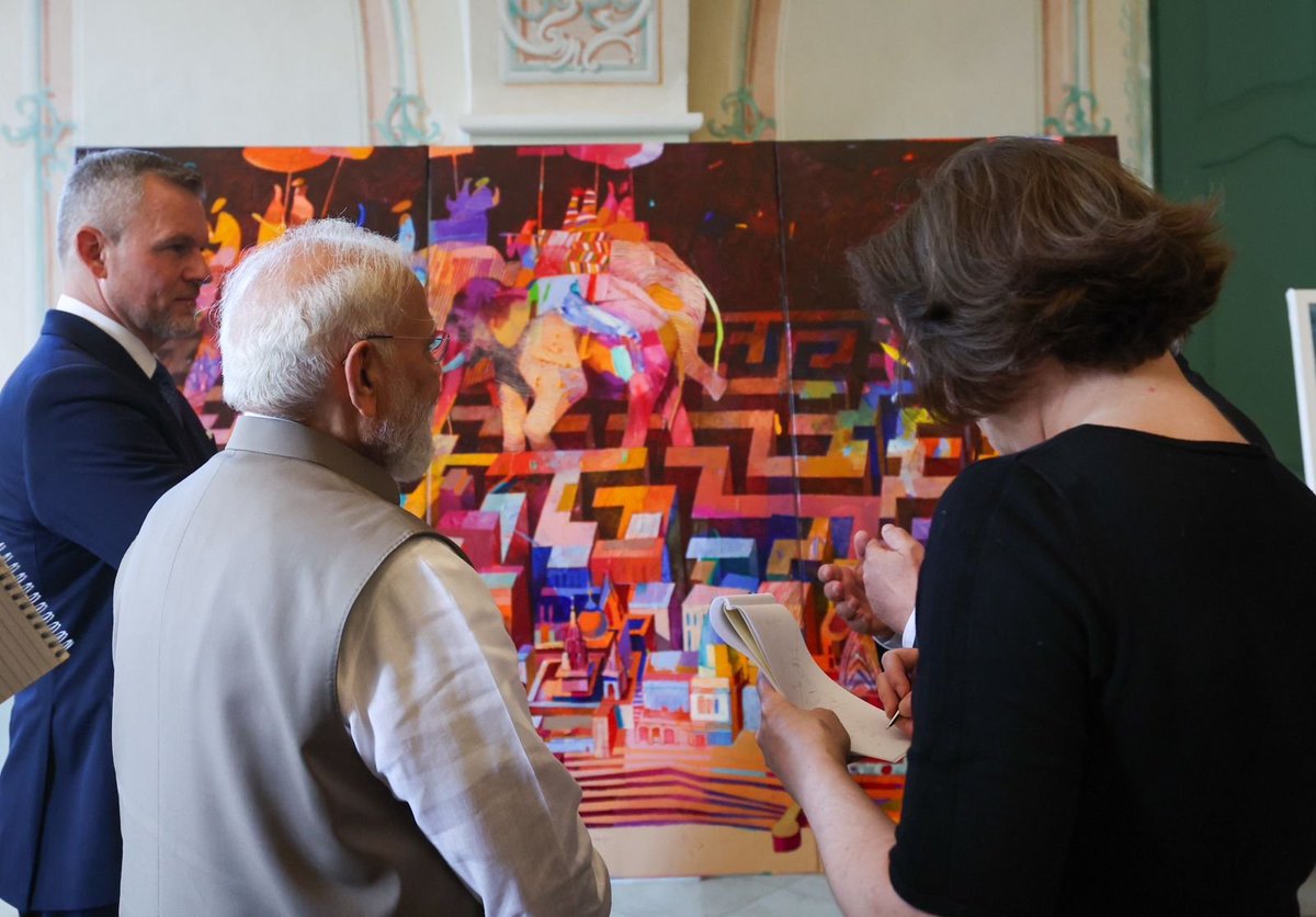 PM Modi viewing Varanasi exhibition with Slovak President Pellegrini at Presidential Palace Bratislava PM Modi viewing Varanasi exhibition with Slovak President Pellegrini at Presidential Palace Bratislava