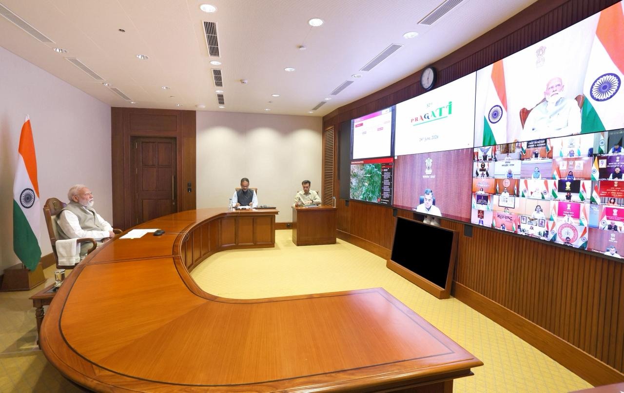 PM Modi chairing PRAGATI meeting reviewing infrastructure projects PM Modi chairing PRAGATI meeting reviewing infrastructure projects