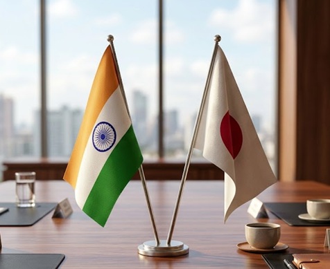Japan and India flags with investment symbols Japan and India flags with investment symbols