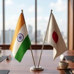 Japan and India flags with investment symbols Japan and India flags with investment symbols