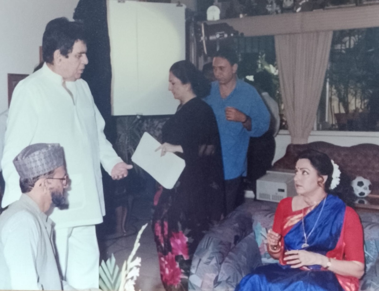 Dilip Kumar guiding Saira Banu and Hema Malini on a TV show set Dilip Kumar guiding Saira Banu and Hema Malini on a TV show set
