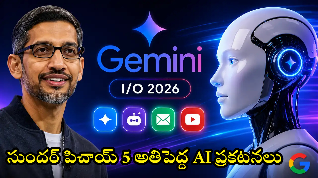 గూగుల్ I/O 2026: AI ప్రపంచాన్ని మార్చే పిచాయ్ 5 సంచలన ప్రకటనలు! గూగుల్ I/O 2026: AI ప్రపంచాన్ని మార్చే పిచాయ్ 5 సంచలన ప్రకటనలు!