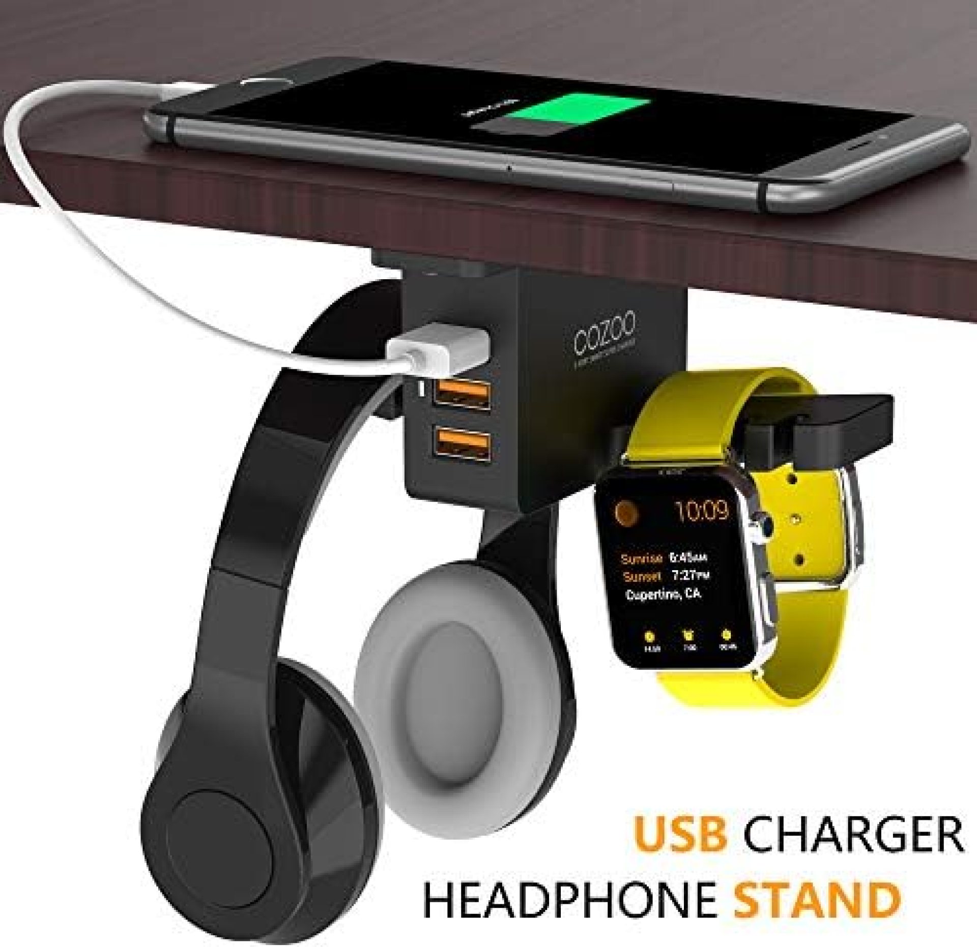 Headphone Stand with USB Charger COZOO Under Desk Headset Holder Mount with 3 Port USB Charging Station and iWatch Stand Smart Watch Charging Dock Dual Earphone Hanger Hook,UL Tested Headphone Stand with USB Charger COZOO Under Desk Headset Holder Mount with 3 Port USB Charging Station and iWatch Stand Smart Watch Charging Dock Dual Earphone Hanger Hook,UL Tested