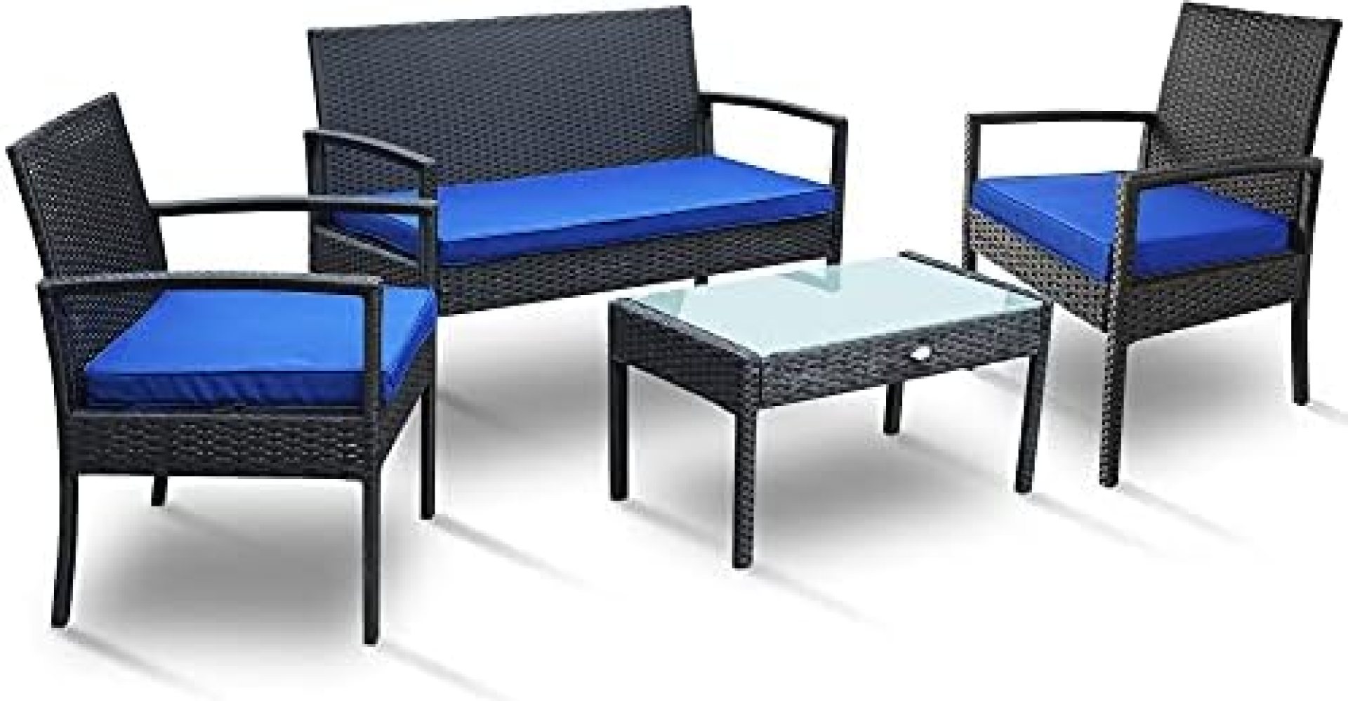 PAOLFOX 4 Pieces Patio Rattan Furniture Set,Outdoor Conversation Set w/Weather Resistant Cushions Tempered Glass Tabletop for Garden, Lawn Pool, Backyard, Poolside (Blue) PAOLFOX 4 Pieces Patio Rattan Furniture Set,Outdoor Conversation Set w/Weather Resistant Cushions Tempered Glass Tabletop for Garden, Lawn Pool, Backyard, Poolside (Blue)