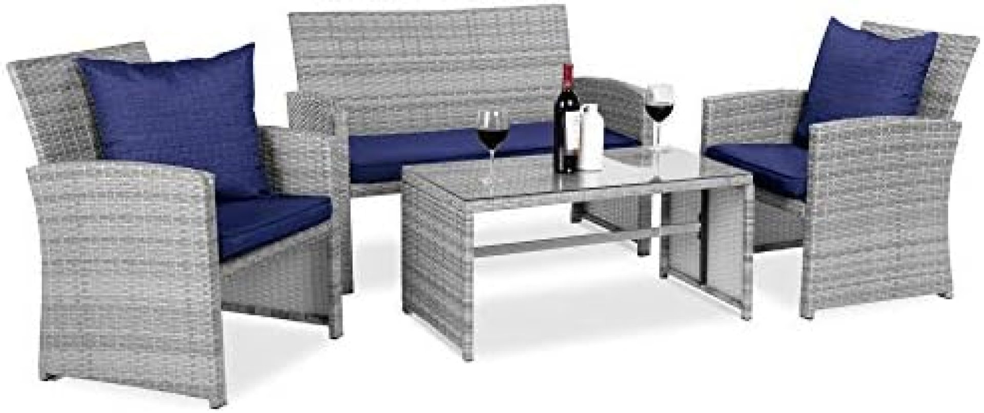 Best Choice Products 4-Piece Wicker Patio Conversation Furniture Set w/ 4 Seats, Tempered Glass Tabletop – Gray Wicker/Navy Cushions Best Choice Products 4-Piece Wicker Patio Conversation Furniture Set w/ 4 Seats, Tempered Glass Tabletop – Gray Wicker/Navy Cushions