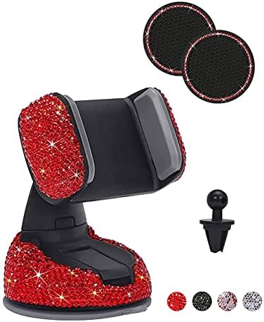 Bling Car Phone Mount, Mini Car Dash Air Vent Automatic Phone Holder 360°Adjustable Universal Crystal Auto Car Stand Phone Holder Car Accessories for Women and Girls – with Bling Car Coasters (Red) Bling Car Phone Mount, Mini Car Dash Air Vent Automatic Phone Holder 360°Adjustable Universal Crystal Auto Car Stand Phone Holder Car Accessories for Women and Girls – with Bling Car Coasters (Red)