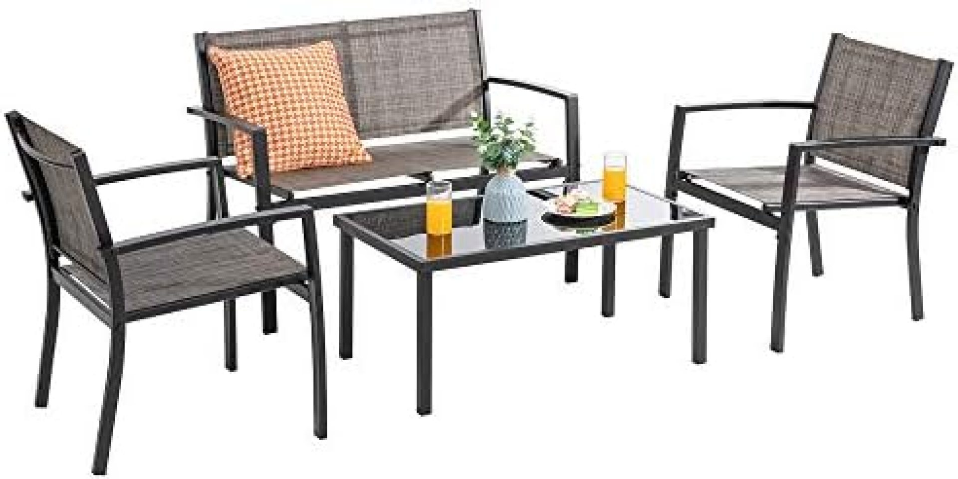 Vongrasig 4 Pieces Patio Furniture Sets, Small Modern Metal Textilene Outdoor Furniture Conversation Sets, Lawn Garden Porch Balcony Mesh Bistro Set Backyard Patio Set w/Loveseat&Glass Table (Taupe) Vongrasig 4 Pieces Patio Furniture Sets, Small Modern Metal Textilene Outdoor Furniture Conversation Sets, Lawn Garden Porch Balcony Mesh Bistro Set Backyard Patio Set w/Loveseat&Glass Table (Taupe)