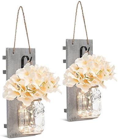 HAchoo Rustic Wall Sconces Mason Jar Decoration Handmade Wall Decor Hanging Design with LED Fairy Lights Living Decor,Farmhouse Kitchen Decorations Wall Home Decor Bathroom Set of 2… HAchoo Rustic Wall Sconces Mason Jar Decoration Handmade Wall Decor Hanging Design with LED Fairy Lights Living Decor,Farmhouse Kitchen Decorations Wall Home Decor Bathroom Set of 2…