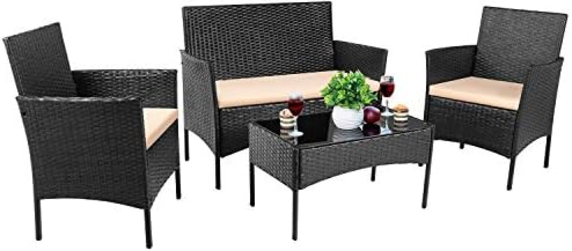 Devoko 4 Pieces Patio Porch Furniture Sets PE Rattan Wicker Chairs Beige Cushion with Table Outdoor Garden Patio Furniture Sets (Black) Devoko 4 Pieces Patio Porch Furniture Sets PE Rattan Wicker Chairs Beige Cushion with Table Outdoor Garden Patio Furniture Sets (Black)