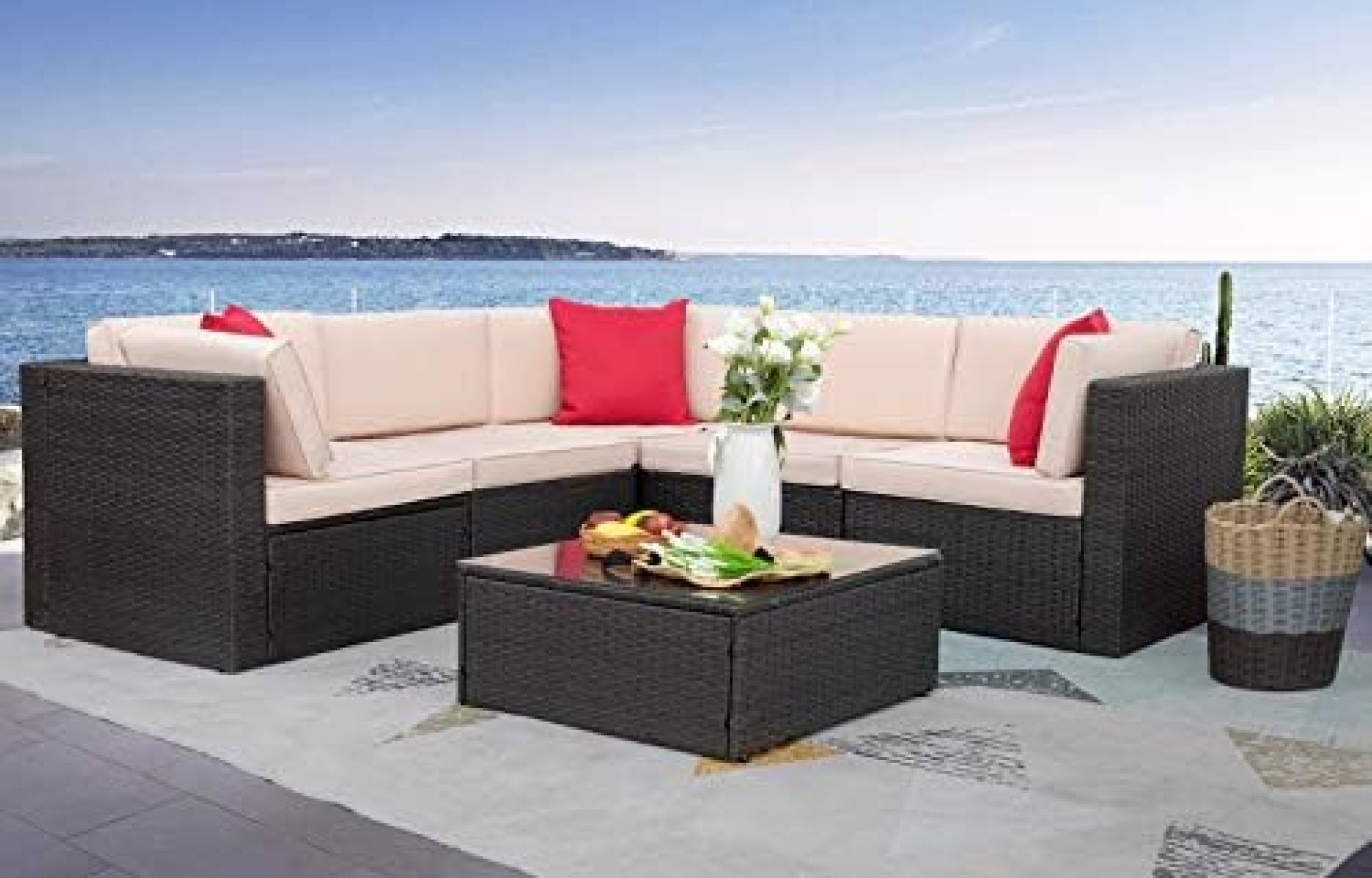 Homall 6 Pieces Furniture Outdoor Sectional Sofa All Weather PE Rattan Patio Conversation Set Manual Wicker Couch with Cushions and Glass Table, Beige Homall 6 Pieces Furniture Outdoor Sectional Sofa All Weather PE Rattan Patio Conversation Set Manual Wicker Couch with Cushions and Glass Table, Beige