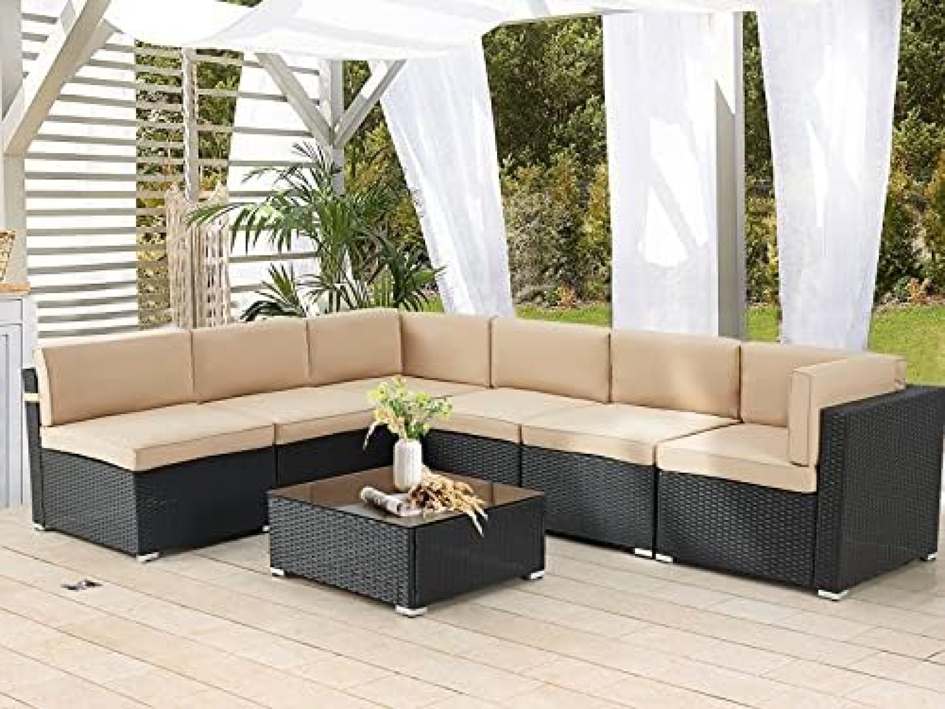AECOJOY 7 Piece Patio PE Rattan Wicker Sofa Set, Outdoor Sectional Conversation Furniture Chair Set with Cushions and Table, Black AECOJOY 7 Piece Patio PE Rattan Wicker Sofa Set, Outdoor Sectional Conversation Furniture Chair Set with Cushions and Table, Black