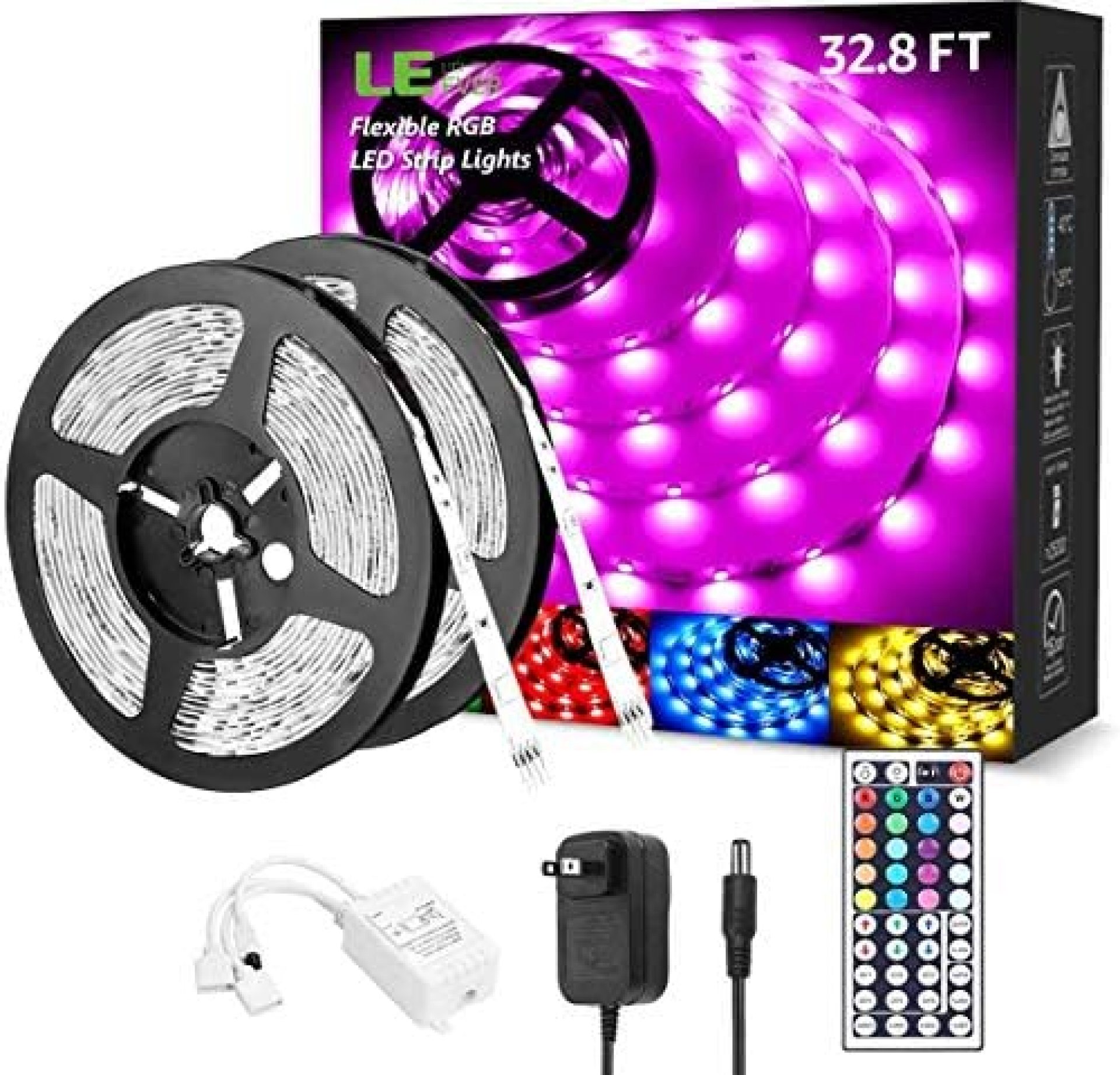 LED Lights for Bedroom 32.8ft, RGB LED Light Strips, 5050 LED Color Changing Tape Light with 44 Key Remote and 12V Power Supply, LED Lights for Room, TV Backlight, Kitchen, Bar LED Lights for Bedroom 32.8ft, RGB LED Light Strips, 5050 LED Color Changing Tape Light with 44 Key Remote and 12V Power Supply, LED Lights for Room, TV Backlight, Kitchen, Bar
