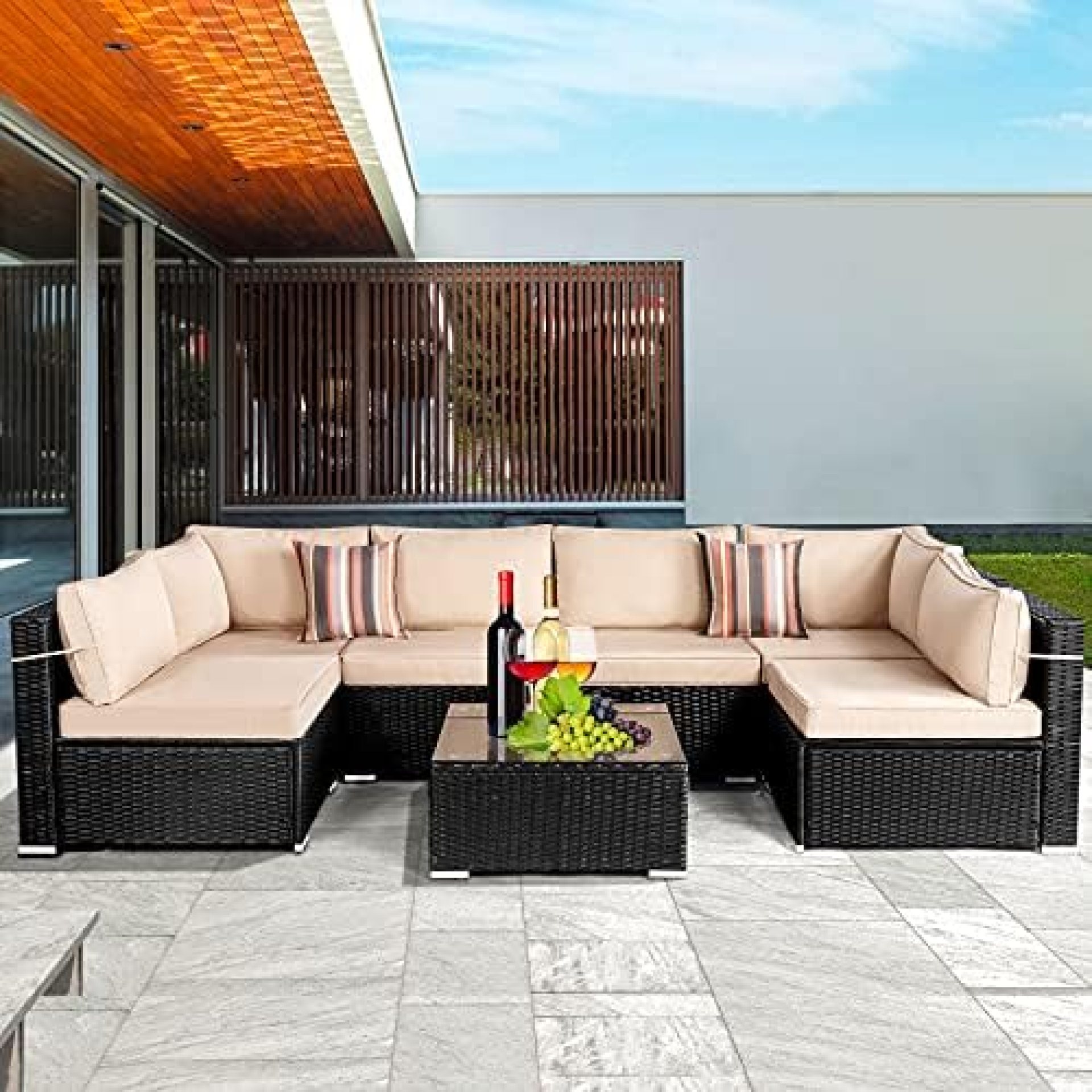 Aoxun 7 Piece Patio Furniture Sets Outdoor Sectional PE Wicker Sofa Set Manual Weaving Wicker Rattan Patio Conversation Sets with Cushion and Glass Table (Black) Aoxun 7 Piece Patio Furniture Sets Outdoor Sectional PE Wicker Sofa Set Manual Weaving Wicker Rattan Patio Conversation Sets with Cushion and Glass Table (Black)