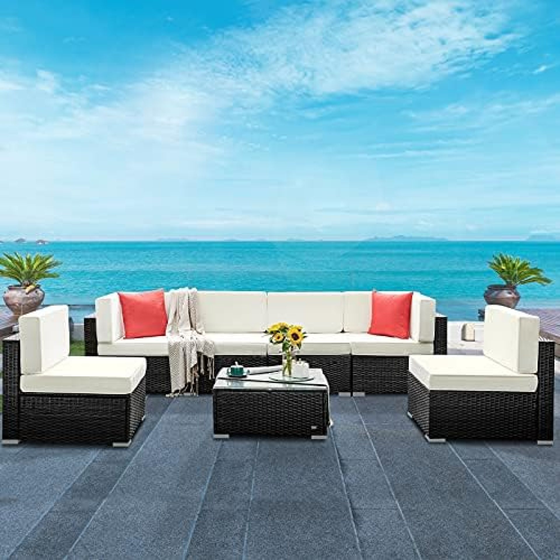 HONBAY 7 Pieces Patio Furniture Sets PE Wicker Rattan Patio Sectional Sofa Couch with Cushions and Coffee Table for Outdoor(Beige) HONBAY 7 Pieces Patio Furniture Sets PE Wicker Rattan Patio Sectional Sofa Couch with Cushions and Coffee Table for Outdoor(Beige)