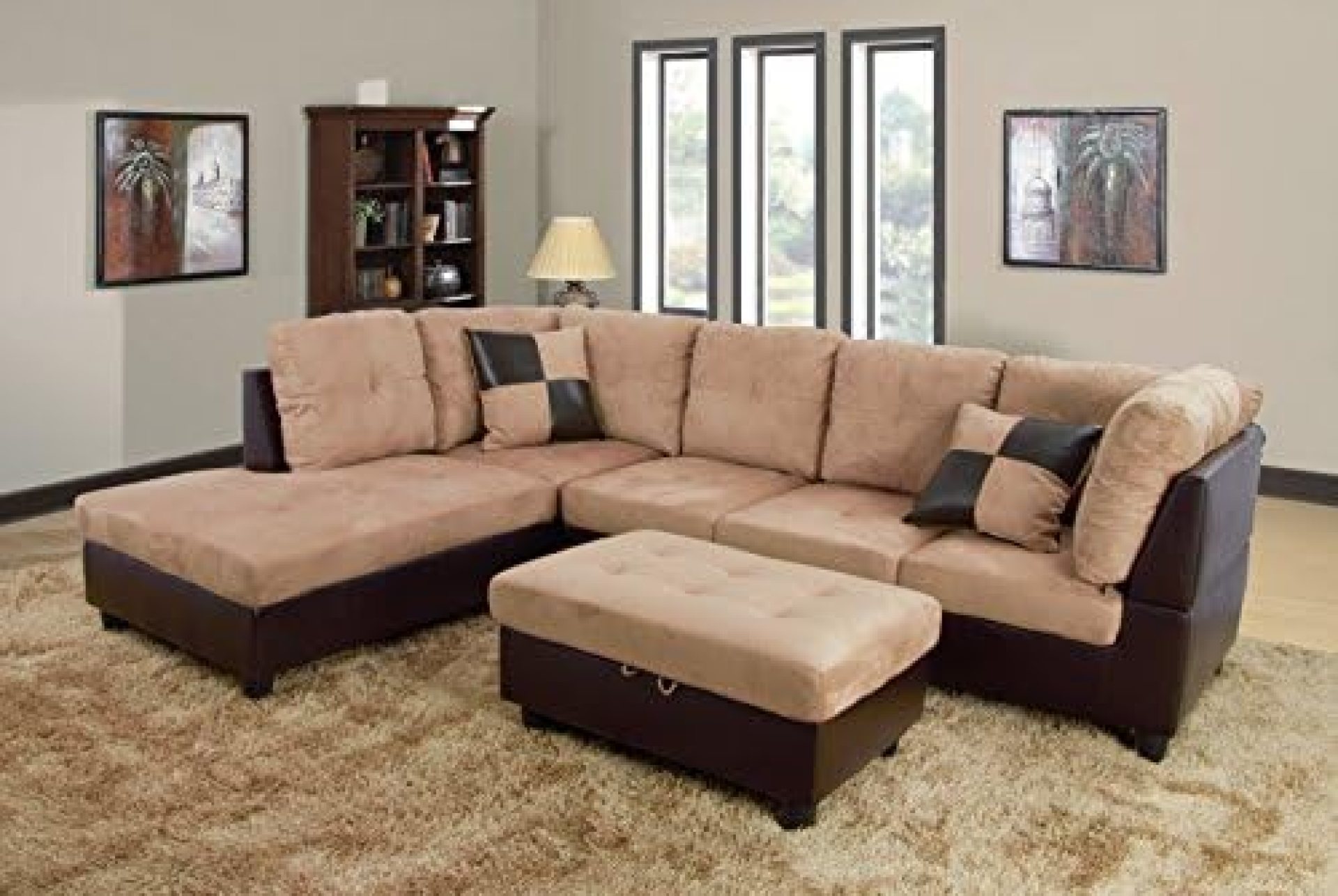 Beverly Fine Furniture Andes Microfiber with Faux Leather Sofa Set With Ottoman Beige Beverly Fine Furniture Andes Microfiber with Faux Leather Sofa Set With Ottoman Beige