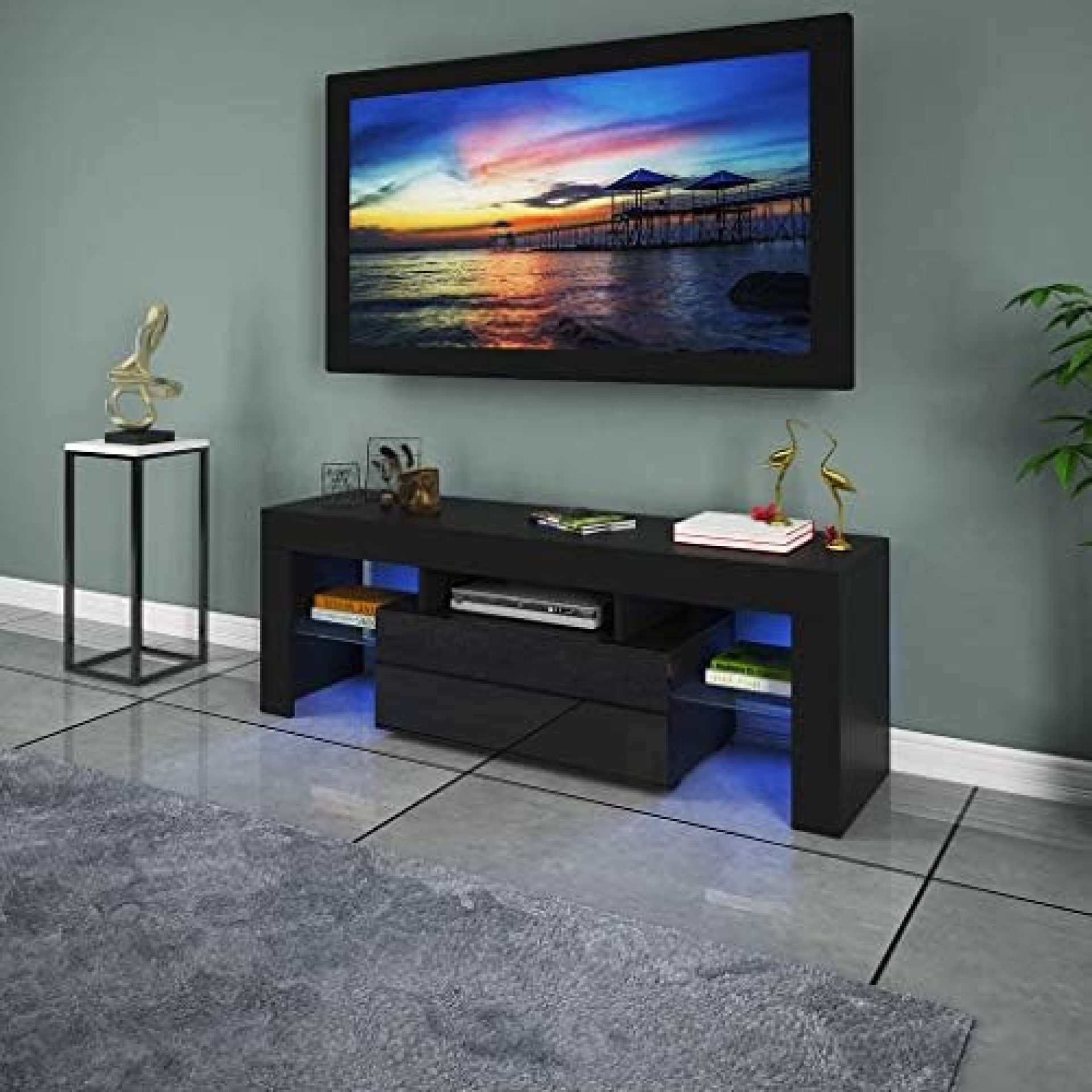 TV Stand LED Lights Television Media Storage Console Cabinet Modern Wood High-Gloss TV Desk Entertainment Center for 47” with Drawer and Shelves Living Room Furniture US (Black-47in) TV Stand LED Lights Television Media Storage Console Cabinet Modern Wood High-Gloss TV Desk Entertainment Center for 47” with Drawer and Shelves Living Room Furniture US (Black-47in)