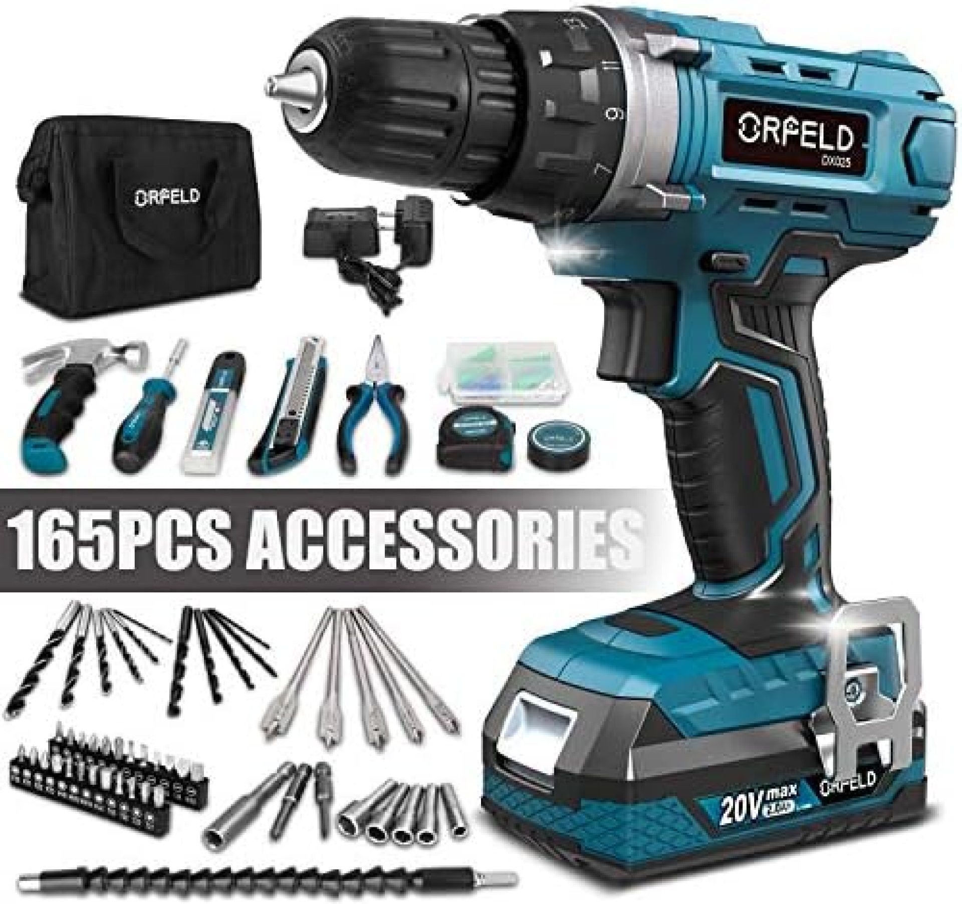 ORFELD Cordless Drill Driver Kit with 20V Lithium Battery, Power Drill Set for Home Improvement and DIY, Japanese Motor and 165pcs Accessories ORFELD Cordless Drill Driver Kit with 20V Lithium Battery, Power Drill Set for Home Improvement and DIY, Japanese Motor and 165pcs Accessories