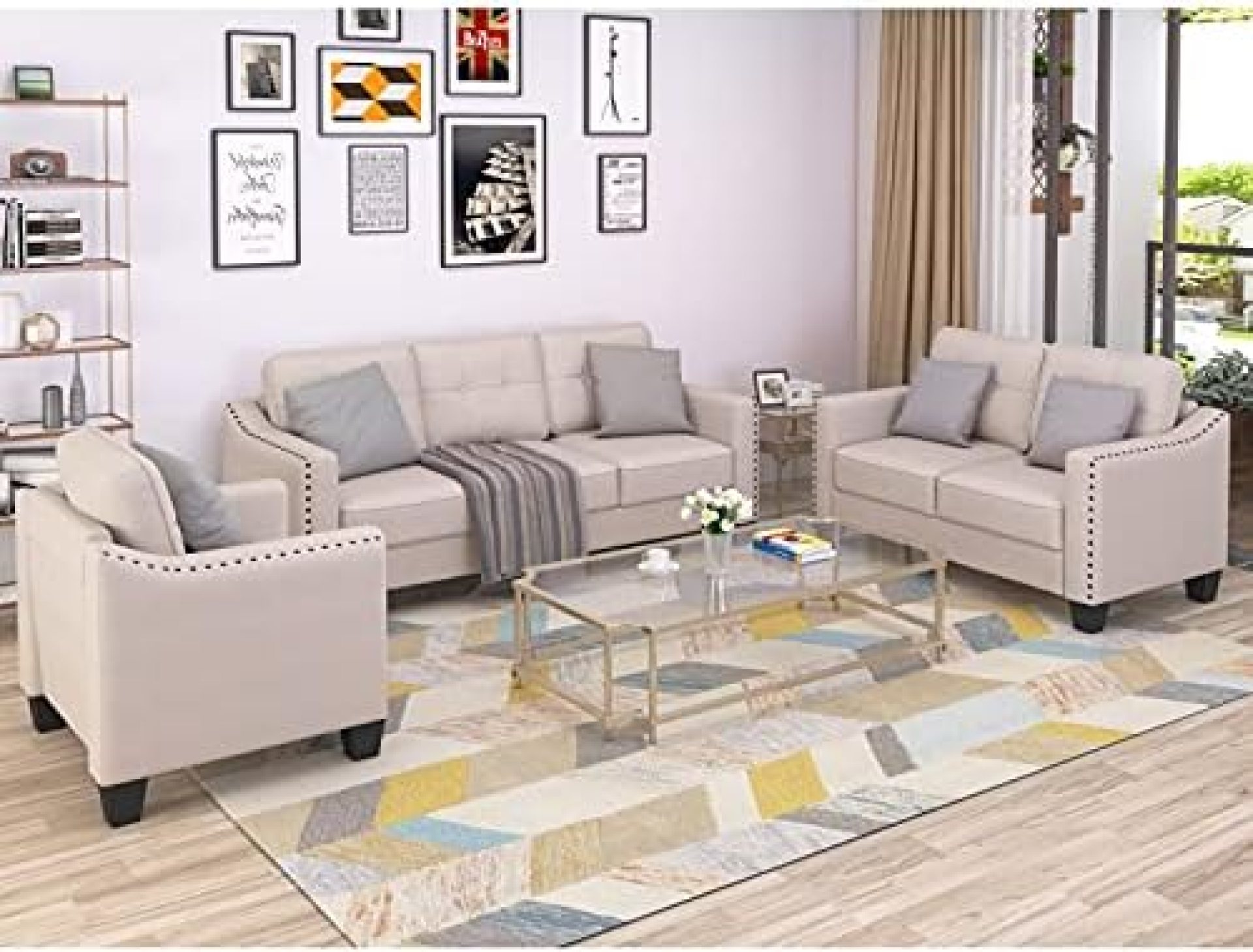 STARTO Sectional Sofa, 3 Piece Living Room Furniture Set Include Armchair Loveseat CouchTufted Cushions for Home or Office, Beige STARTO Sectional Sofa, 3 Piece Living Room Furniture Set Include Armchair Loveseat CouchTufted Cushions for Home or Office, Beige