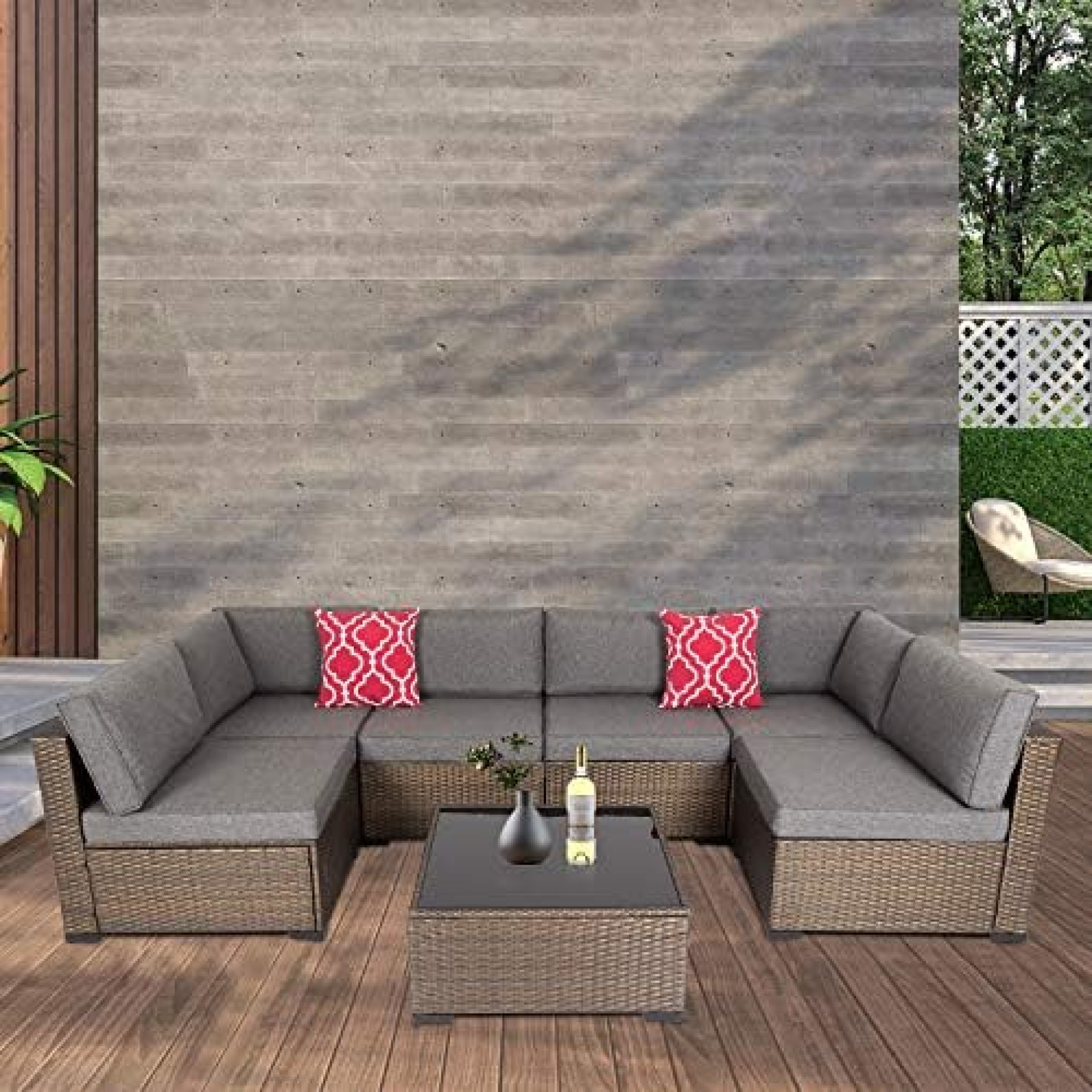 Kinbor Outdoor Furniture Set, 7 Piece Sectional Patio Furniture, PE Rattan Coversation Sofa Set for Garden Patio Outdoor Deck Kinbor Outdoor Furniture Set, 7 Piece Sectional Patio Furniture, PE Rattan Coversation Sofa Set for Garden Patio Outdoor Deck