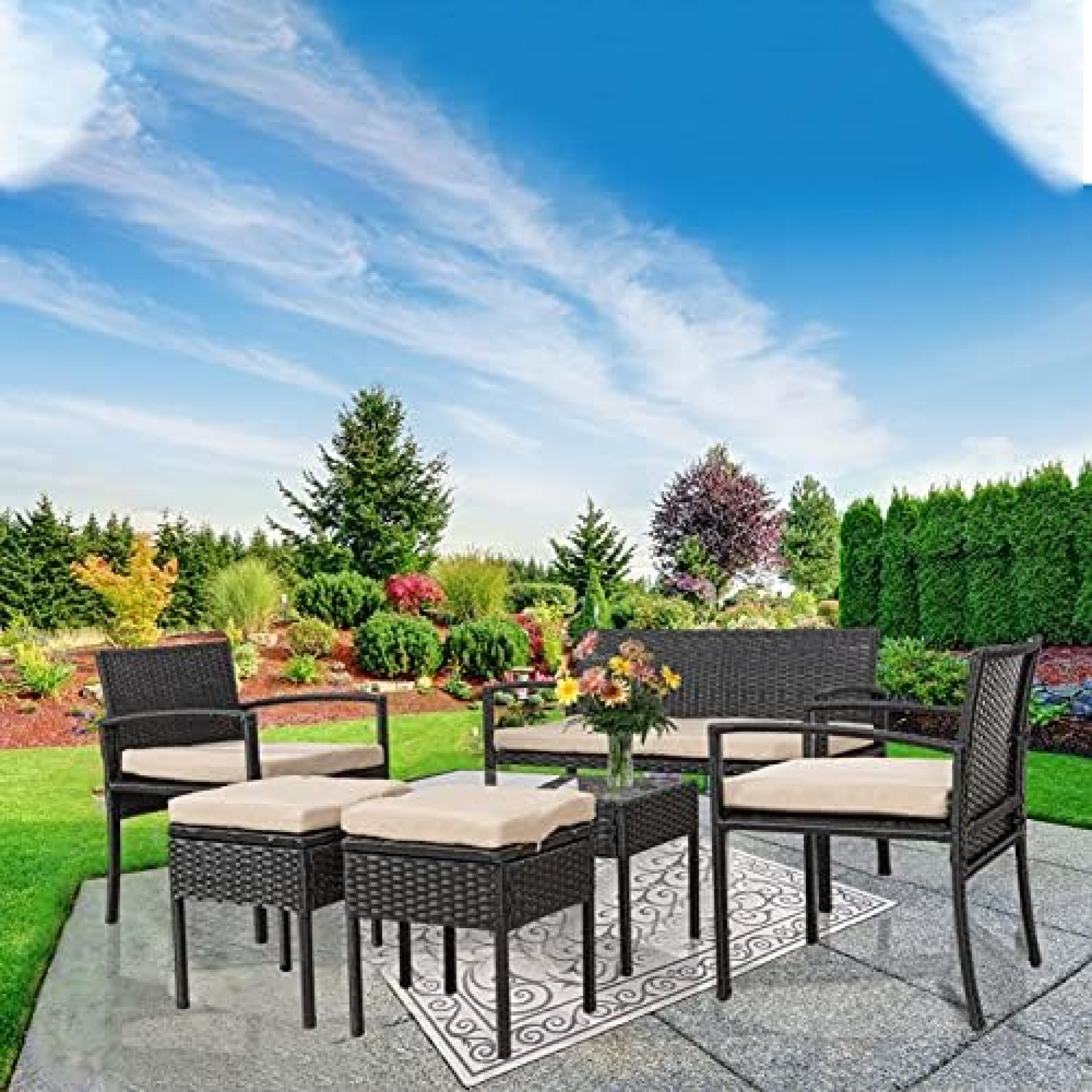 Patio Outdoor Furniture Set, 6 Piece Black Wicker Rattan Patio Seating Chair Outside Garden Sofa Couch Conversation Sets for Yard, Pool or Backyard (Beige Cushion) Patio Outdoor Furniture Set, 6 Piece Black Wicker Rattan Patio Seating Chair Outside Garden Sofa Couch Conversation Sets for Yard, Pool or Backyard (Beige Cushion)