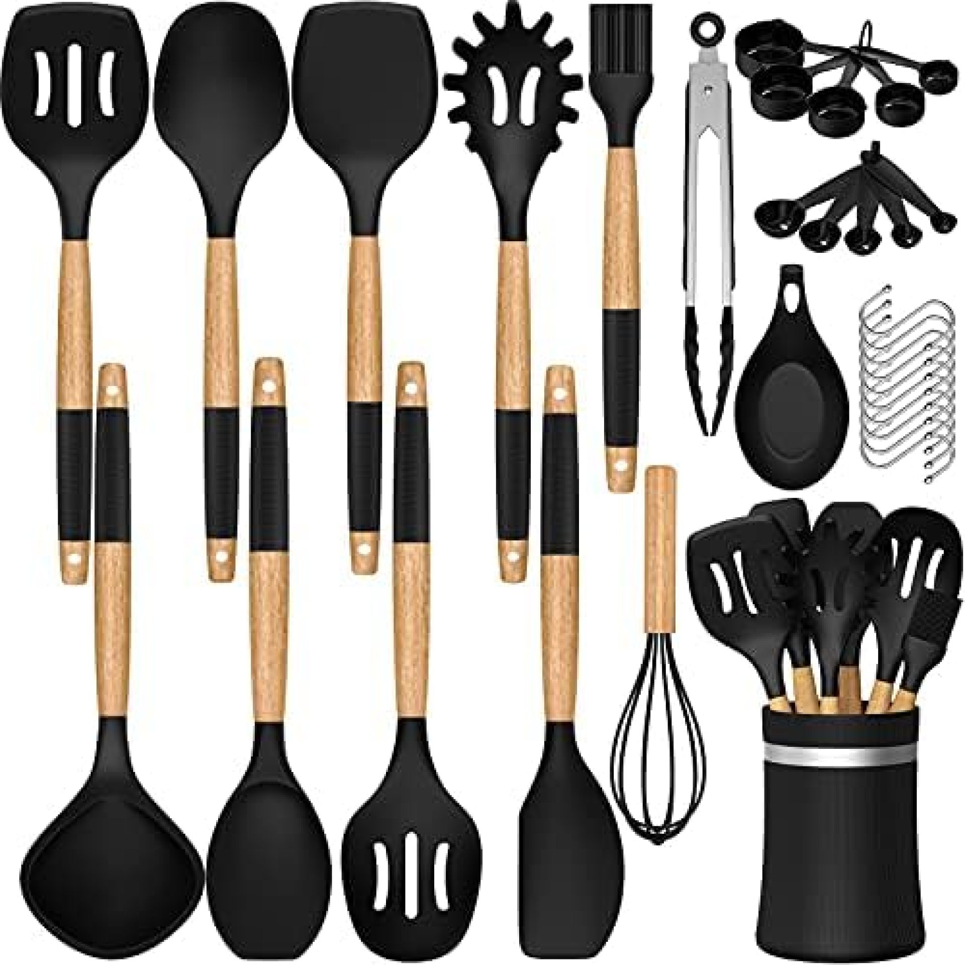 24 PCS Silicone Kitchen Utensils Set, Umite Chef Heat Resistant Cooking Utensils Set With Holder, Wooden Handle Kitchen Gadgets Tools Spatula Set for Nonstick Cookware(BPA Free & Black) 24 PCS Silicone Kitchen Utensils Set, Umite Chef Heat Resistant Cooking Utensils Set With Holder, Wooden Handle Kitchen Gadgets Tools Spatula Set for Nonstick Cookware(BPA Free & Black)