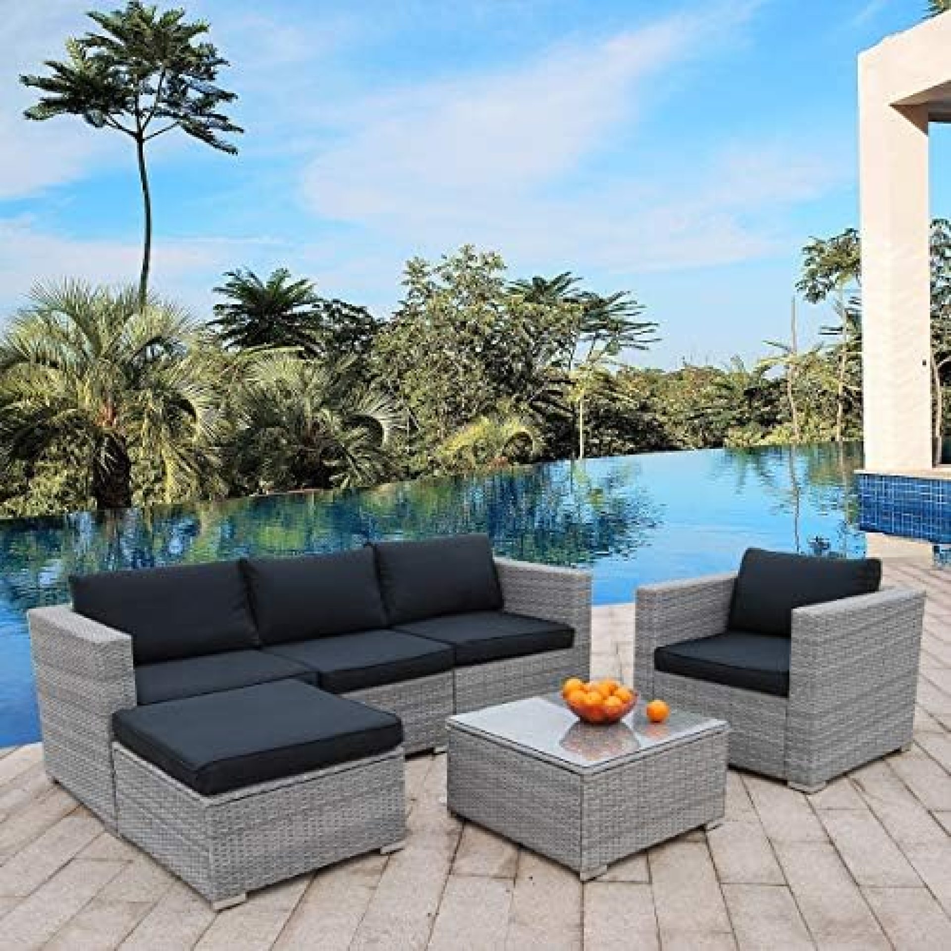 Polar Aurora 6pcs Patio Furniture Set PE Gray Rattan Wicker Sectional Outdoor Sofa Set Outside Couch w/Black Washable Seat Cushions & Modern Glass Coffee Table Polar Aurora 6pcs Patio Furniture Set PE Gray Rattan Wicker Sectional Outdoor Sofa Set Outside Couch w/Black Washable Seat Cushions & Modern Glass Coffee Table